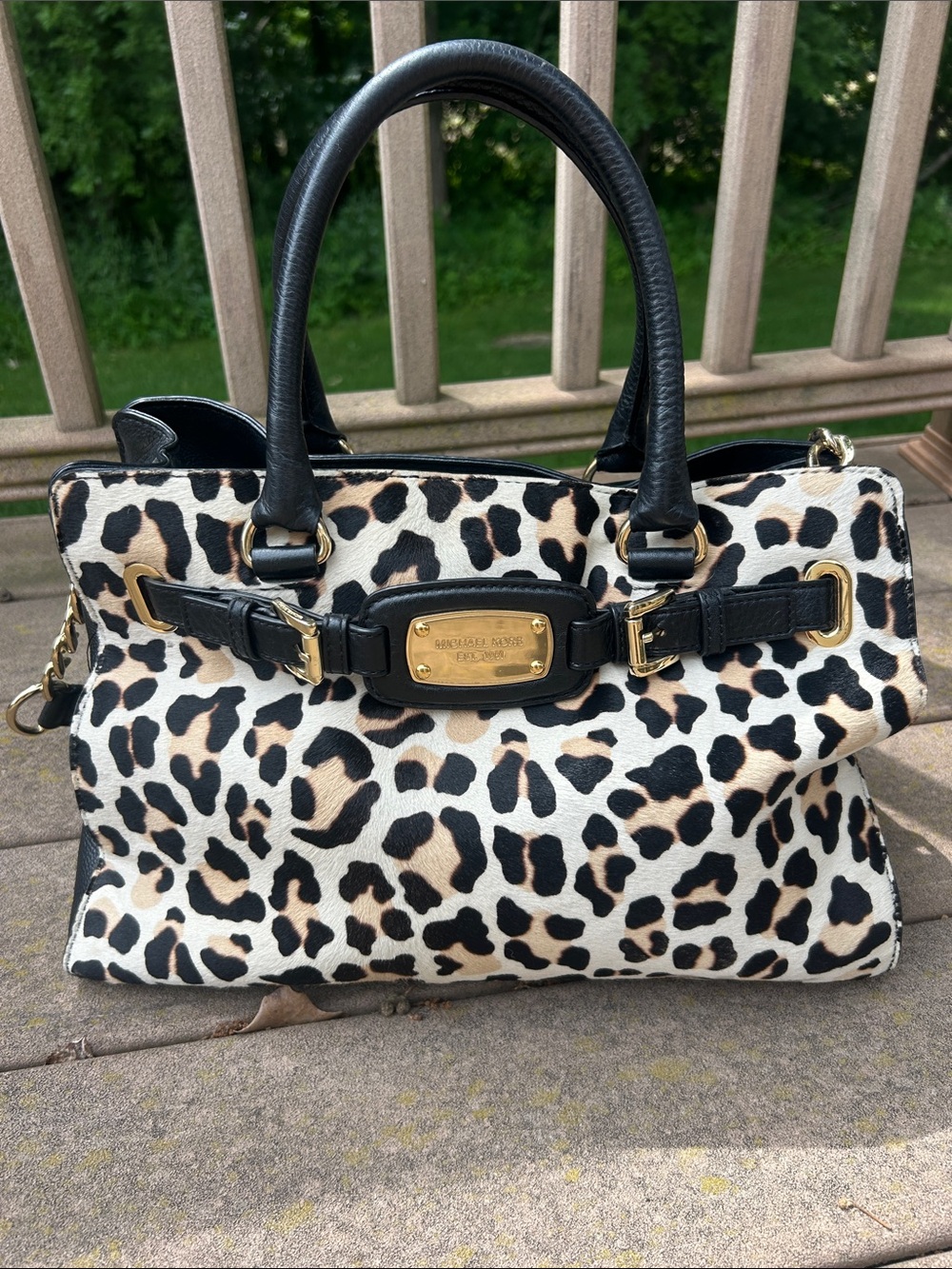 Michael Kors Leopard Print Satchel with Black Trim and Gold Hardware